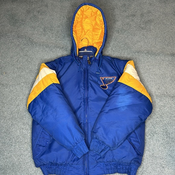Vtg Royal Blue 1990s St Louis Blues NHL Logo 7 Full Zip Hooded Puffer Jacket XL - Picture 3 of 13